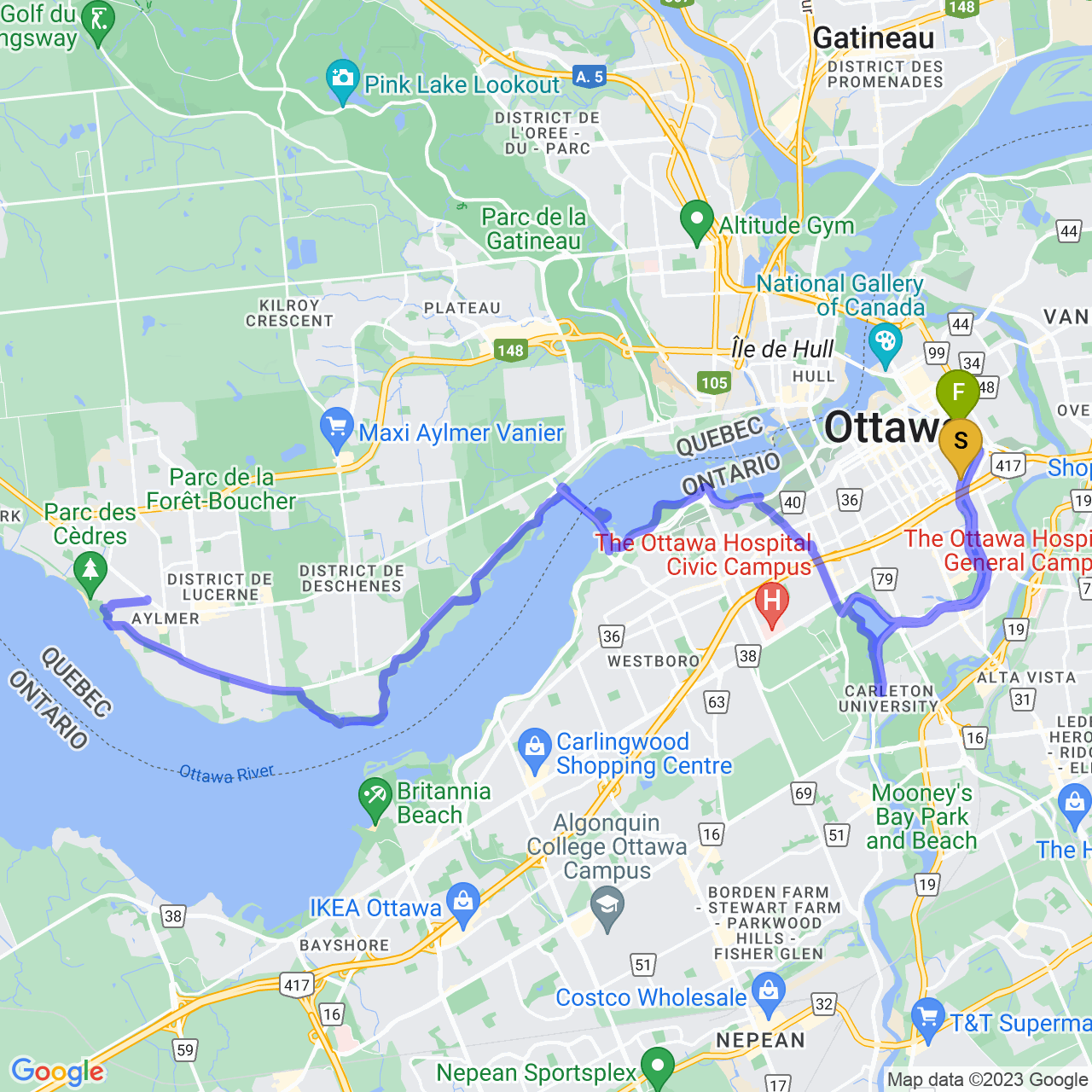 map of Classic Lunch Ride to Aylmer