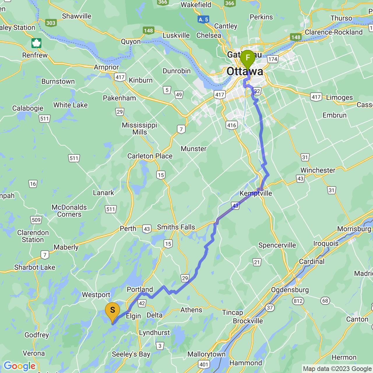 map of Chaffey’s Lock to Ottawa through Merrickville