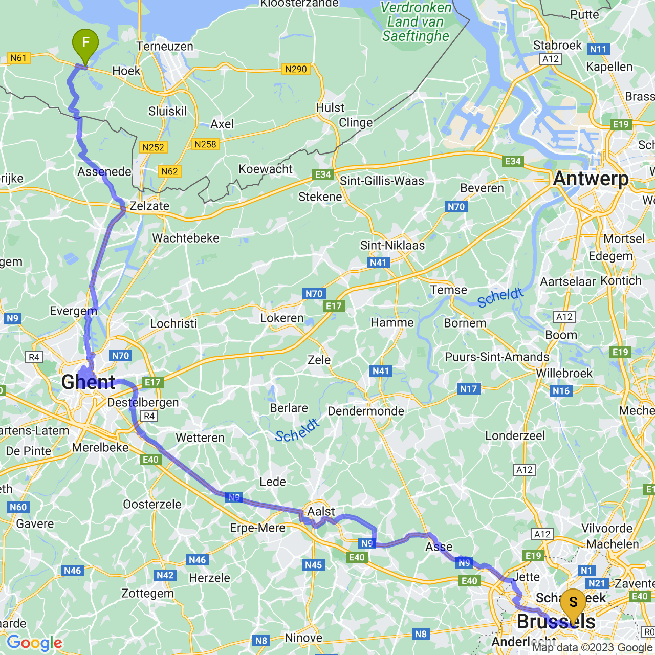 map of Day 3: Brussels - Ghent - ??? (somewhere in Netherlands)