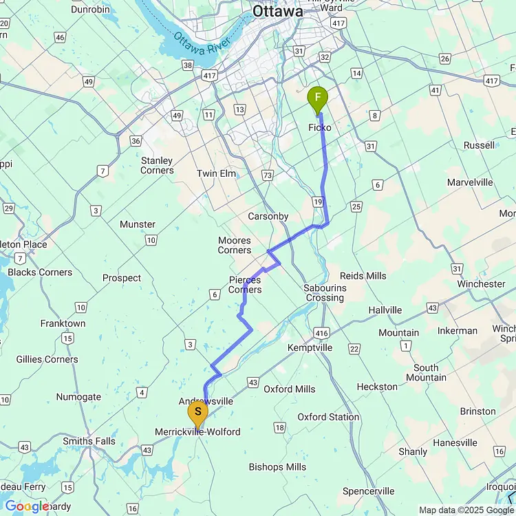 map of QBC Bikepacking return from Merrickville