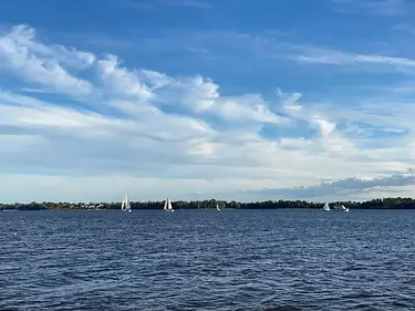 a body of water with boats on it and trees in the background