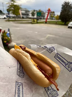 essential food: a hot dog with mustard and ketchup on a paper wrapper