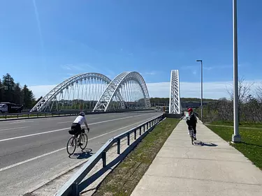 a group of people riding bikes on a road with a bridge in the background