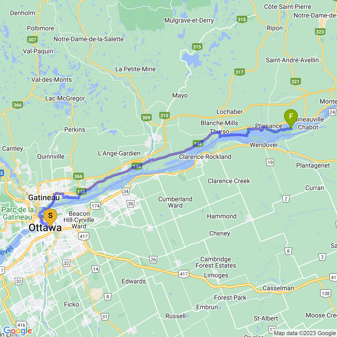 Map of Ottawa to Plaisance