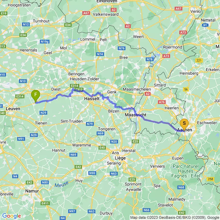 map of Day 1: Aachen to ??? (Somewhere in Belgium)