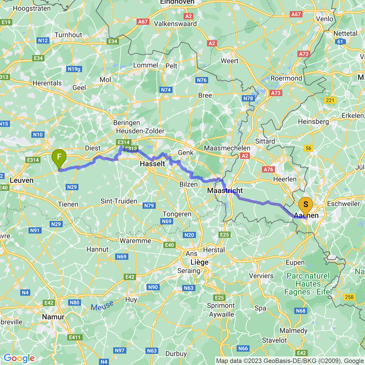 map of Day 1: Aachen to ??? (Somewhere in Belgium)