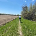Nathan riding on a dirt path in a field