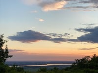 a road with trees and a body of water in the background