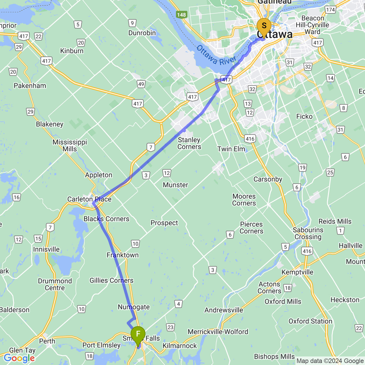 Map of Ottawa to Carleton Place and Smith Falls