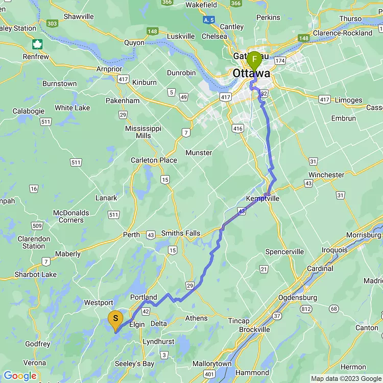 map of Chaffey’s Lock to Ottawa through Merrickville