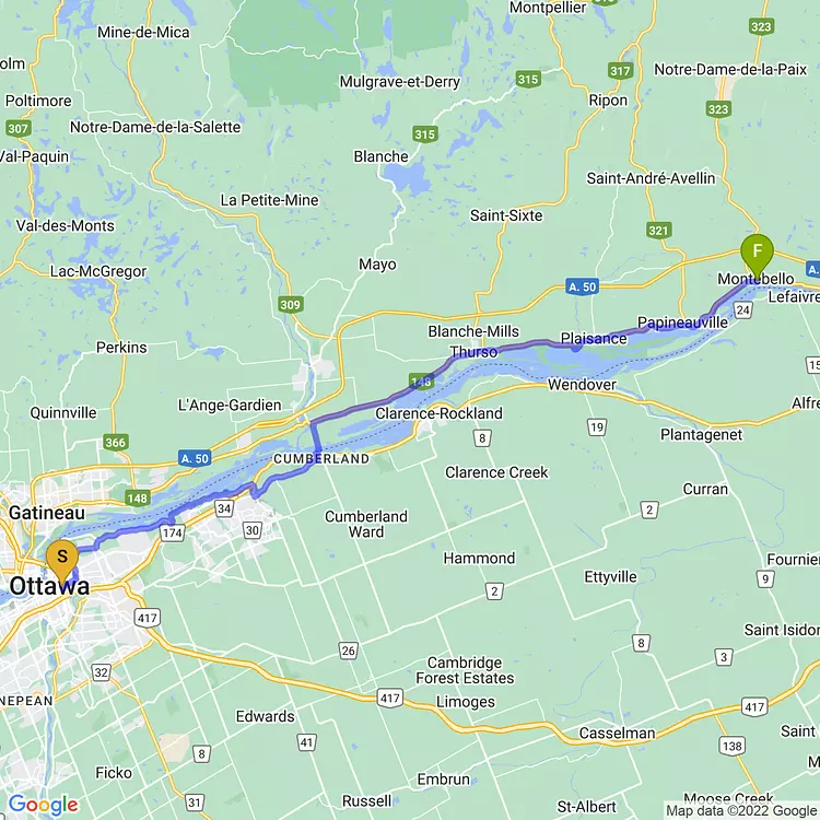 map of On Tour: Ottawa to Montebello