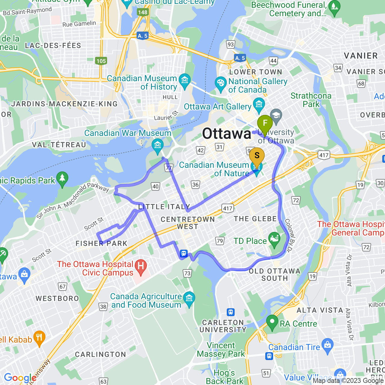 map of Ottawa Critical Mass Ride