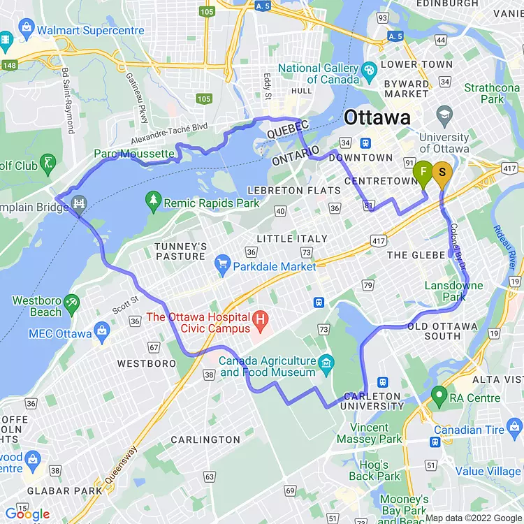 map of Summer Loop Ride around Ottawa