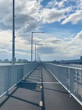 a bridge with a railing and street lights on the side