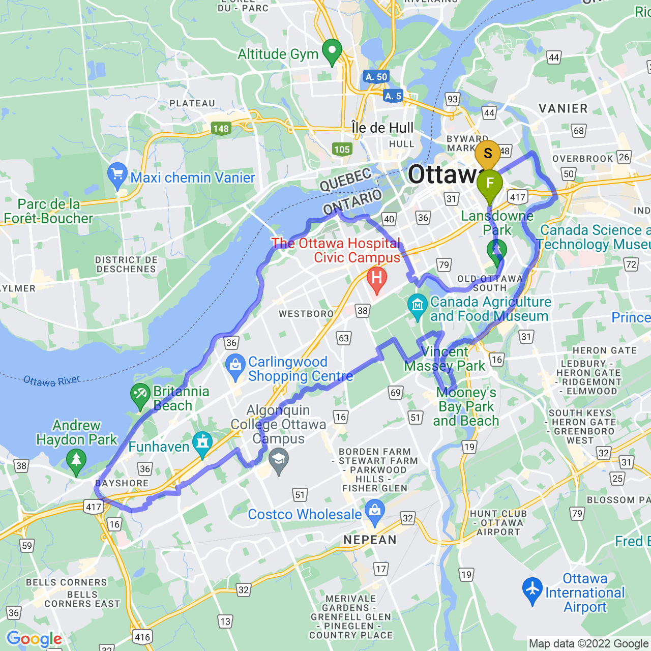 map of Fall loop around Ottawa