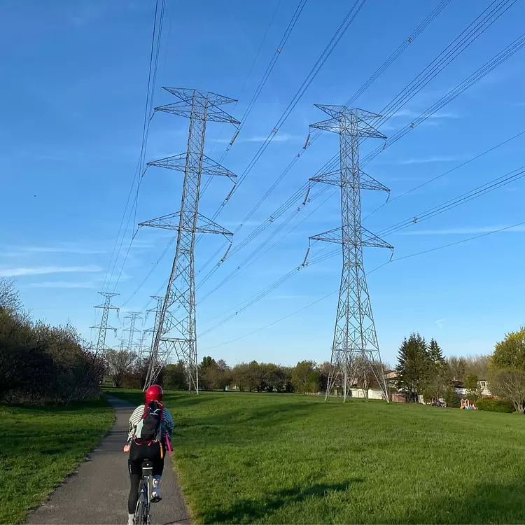 a person riding a bicycle on a path with power lines above them