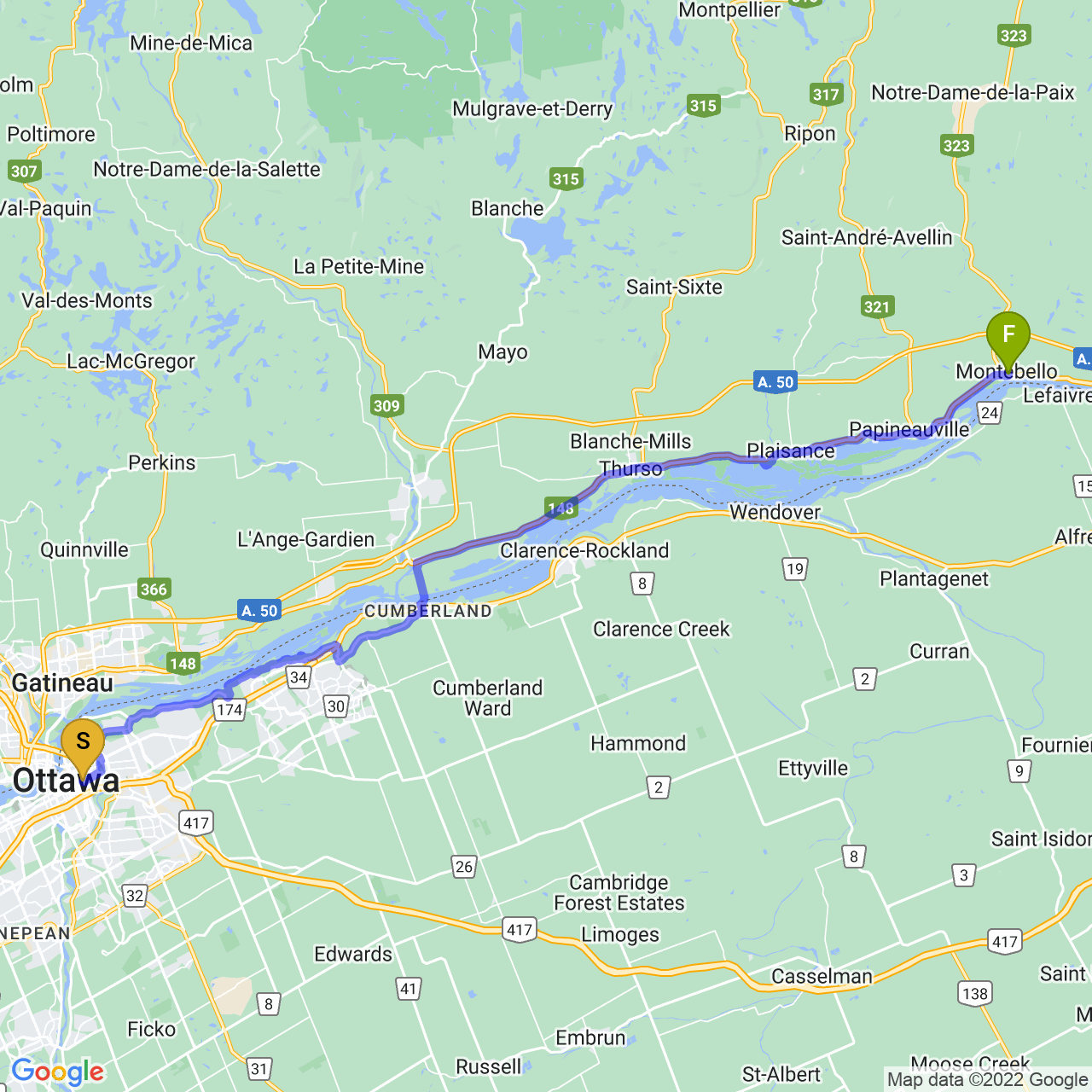 map of On Tour: Ottawa to Montebello