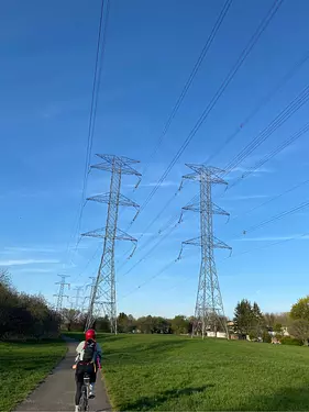 a person riding a bicycle on a path with power lines above them