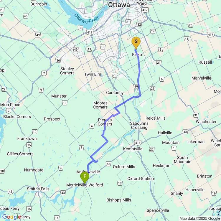 map of QBC bikepacking to Merrickville