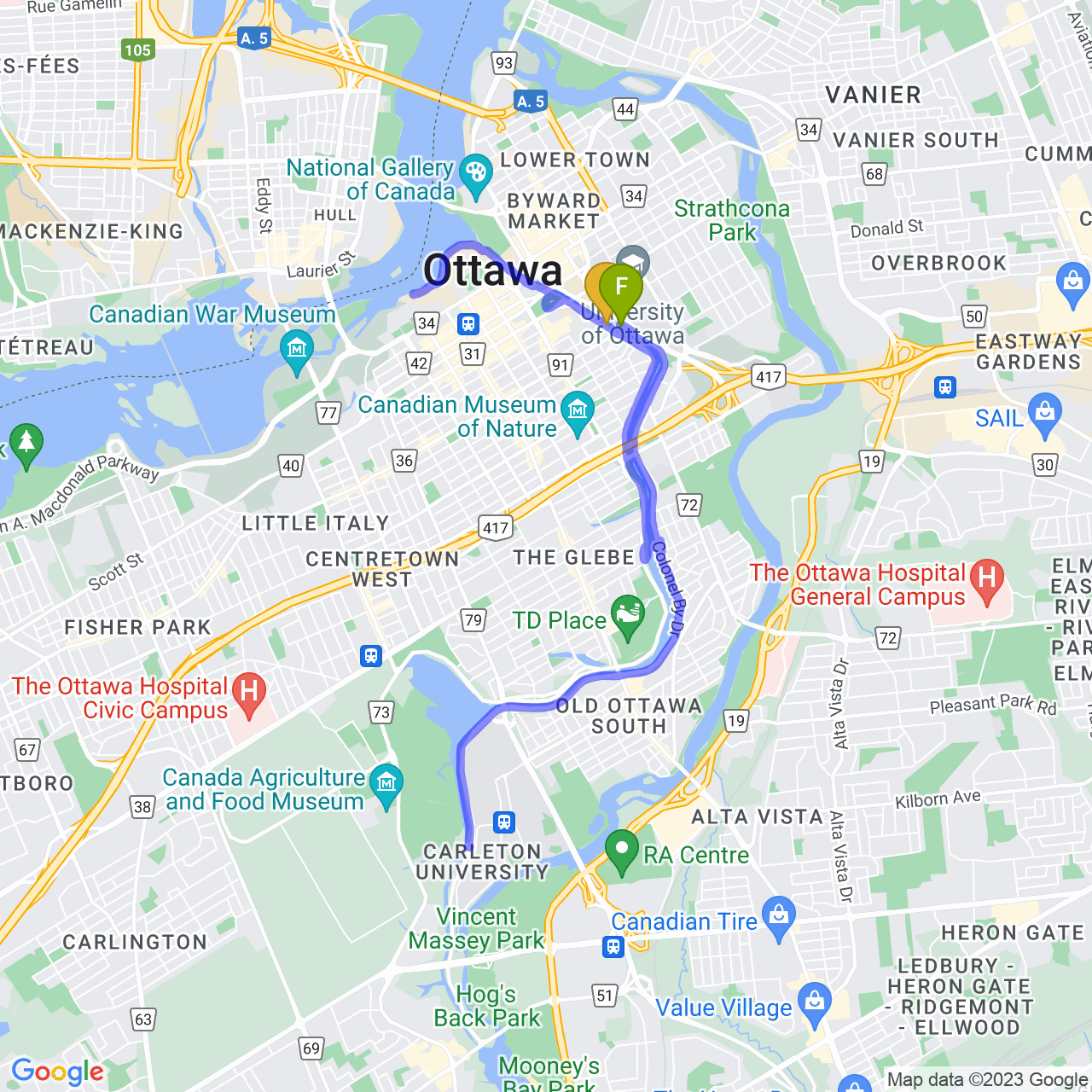 map of Sunset ride around Colonel By