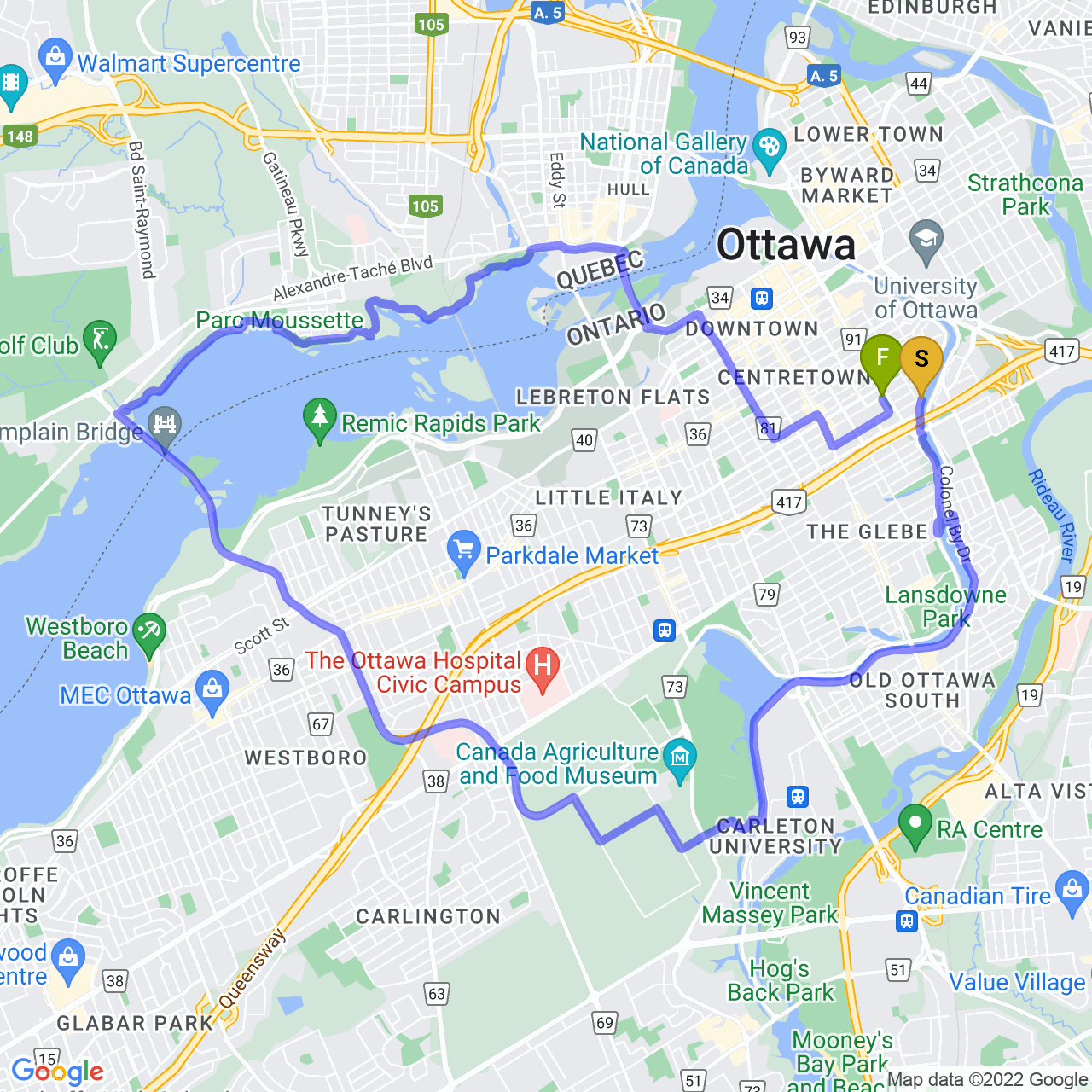 map of Summer Loop Ride around Ottawa