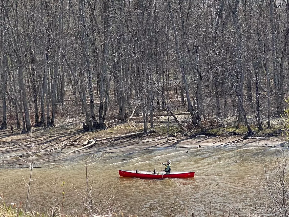 a person in a red boat in a river with trees