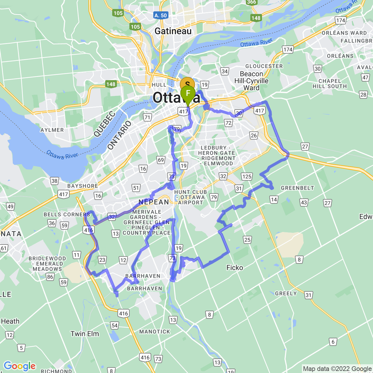 map of Century Loop around Ottawa