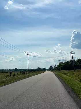 a road with grass and power lines on the side